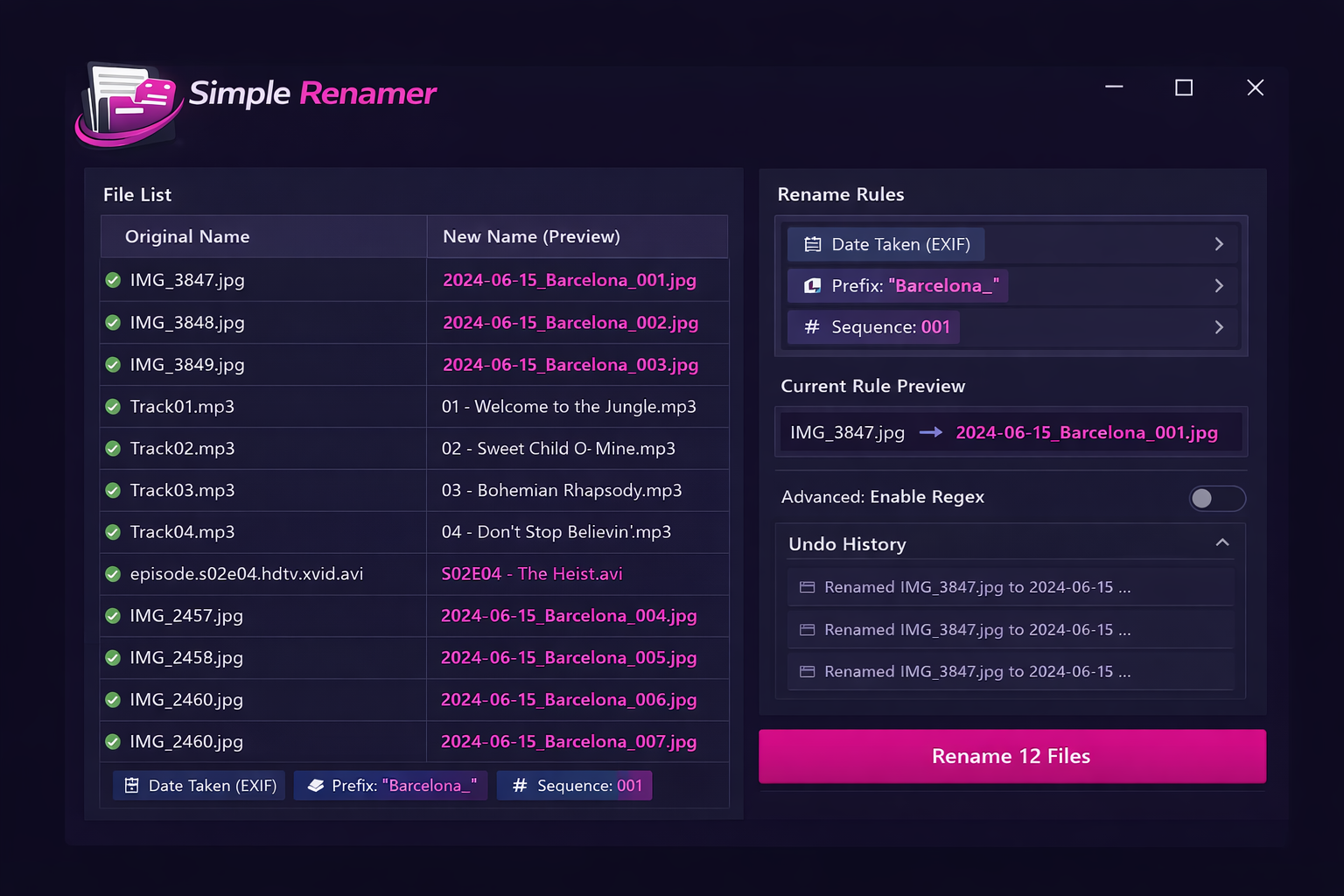 Simple Renamer showing a split view with the original messy filenames on the left and the clean renamed preview on the right, with stacked rename rules and undo history visible